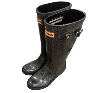 Girls Us 2 Big Kids Rain Boots Giant Black Glitter Original